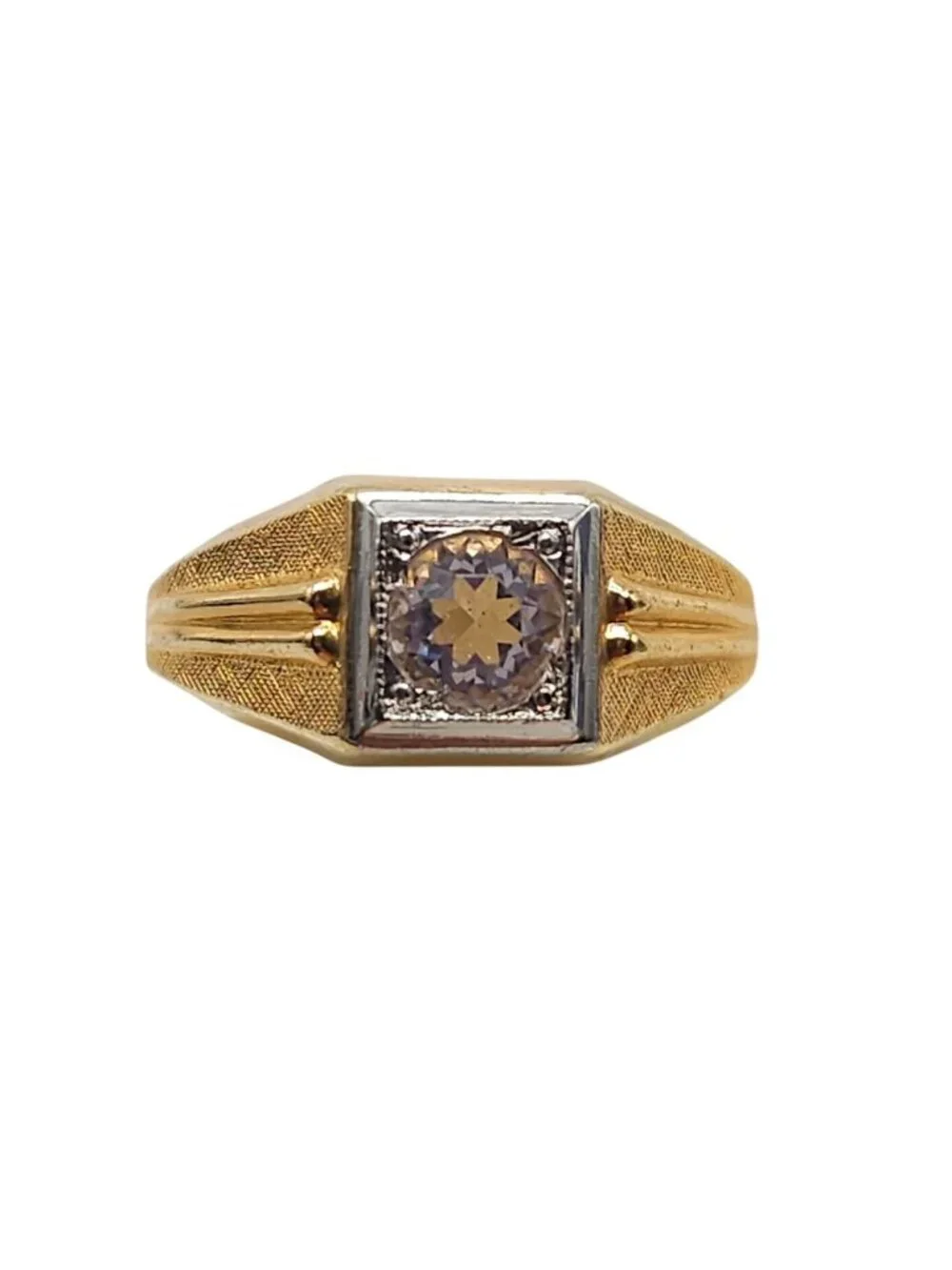 Vintage Karatclad Mens Ring With Clear Stone 18K HGE Marked Size 11.5 Textured